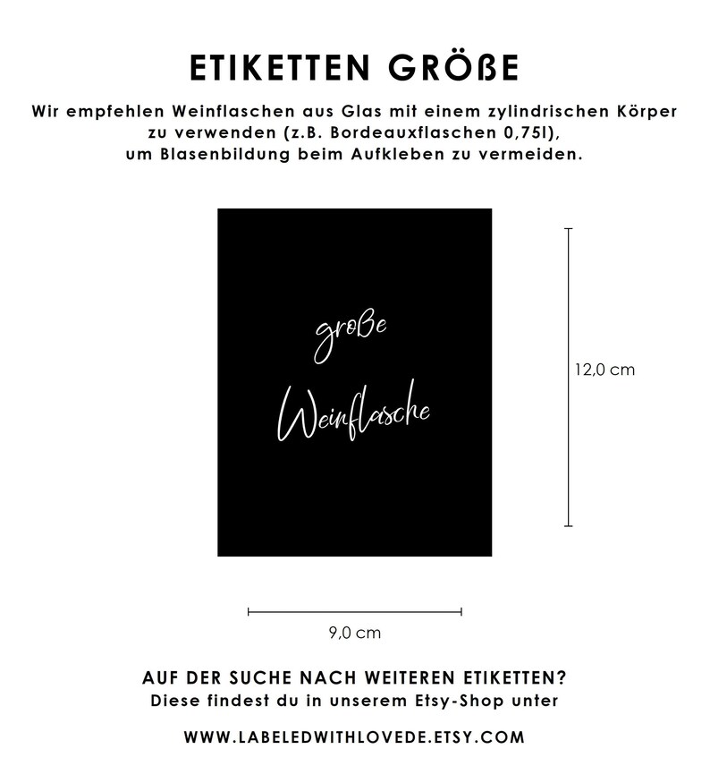 May include: A black and white image showing the dimensions of a label for a large wine bottle. The label is 9.0 cm wide and 12.0 cm tall. The text on the label reads "gro&szlig;e Weinflasche".