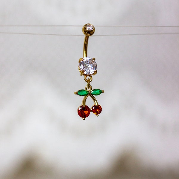 Cherry Dangle Belly Piercing Navel Ring - Surgical Steel with Gold Filled CZ Charm