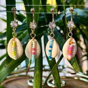 Beaded Cowrie Shell Beachy Gold Surgical Steel Bell Ring Piercing