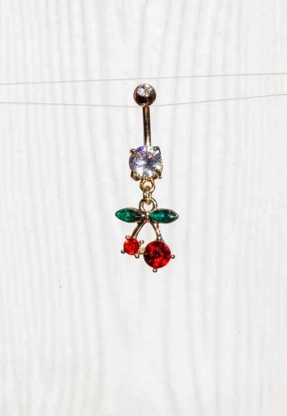 Surgical Steel Belly Button Navel Ring Bar with Dangling CZ Gem Ribbon Cherry Surgical Steel Belly Button Navel Ring Bar with Dangling CZ Gem Ribbon Cherry