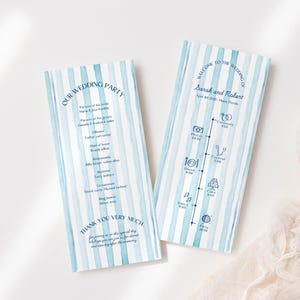 May include: Two vertical wedding programme cards featuring a light blue watercolour stripe pattern. The left card lists the wedding party, while the right card displays a timeline of events for Sarah and Robert on 4th April 2025, in Miami, Florida.