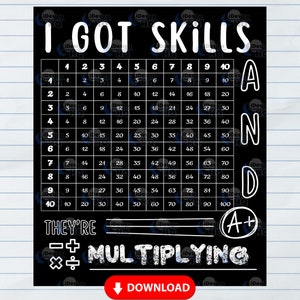 May include: Black and white printable design with the text "I GOT SKILLS" and a multiplication table. The table shows numbers 1 through 10 multiplied by 1 through 10. The design also includes the text "THEY'RE MULTIPLYING" and an A+ grade.