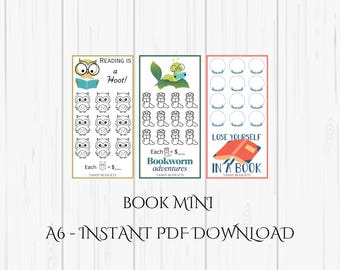 Könnte beinhalten: Drei druckbare A6-Diagramme zum Verfolgen des Leseprozesses. Das erste Diagramm zeigt eine Eule mit dem Text "Reading is a Hoot!" und hat 15 Felder für Aufkleber. Das zweite Diagramm zeigt eine Raupe mit dem Text "Bookworm adventures" und hat 15 Felder für Aufkleber. Das dritte Diagramm zeigt ein Buch mit dem Text "Lose yourself in a book" und hat 15 leere Kreise.