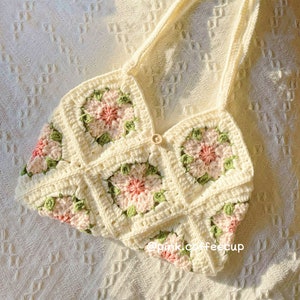 Crochet Handmade Sakura, Cherry Blossoms, Flower Granny Square Shoulder Bag, Handbag