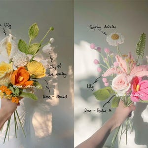Op de afbeelding: Een boeket van gehaakte bloemen in tinten roze, wit en geel. De bloemen omvatten lelies, rozen, madeliefjes en een tulp. Het boeket wordt vastgehouden door een hand.