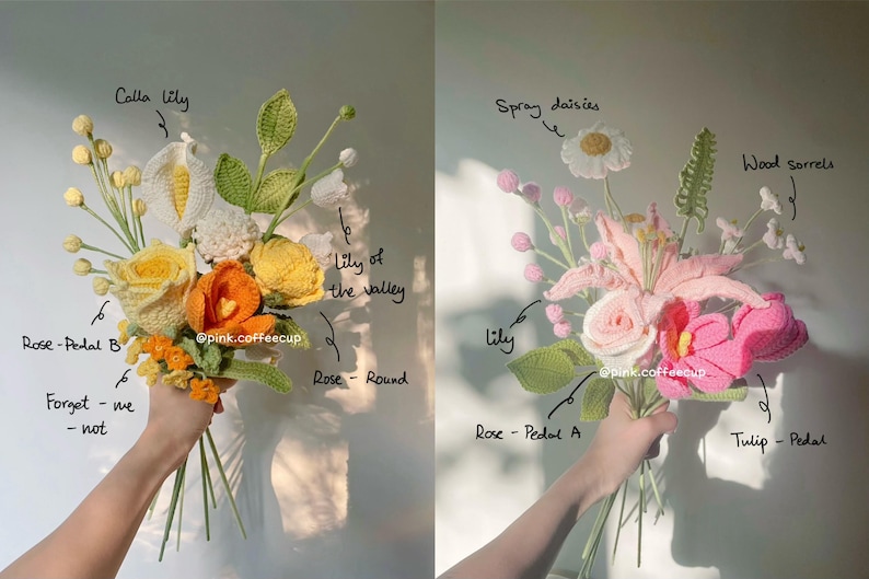 Op de afbeelding: Een boeket van gehaakte bloemen in tinten roze, wit en geel. De bloemen omvatten lelies, rozen, madeliefjes en een tulp. Het boeket wordt vastgehouden door een hand.
