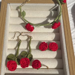 Micro Crochet Handmade Roses Earrings, Ring, Ear Accessories, Floral Jewelry Set, Flowers Dangle and Drop Earrings, Birthday Presents