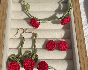 Handgemachte gehäkelte Rosen Ohrringe, Ring, Ohrschmuck, Schmuckset, Blumenschmuck, Geburtstagsgeschenke