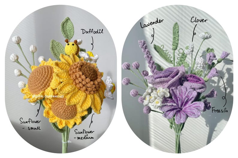 Gehaakte handgemaakte boeketten, bruiloftbloemen, verloving, voorstel, verjaardag, bruid biedermeier, afstuderen, Moederdag, verjaardagscadeau afbeelding 4