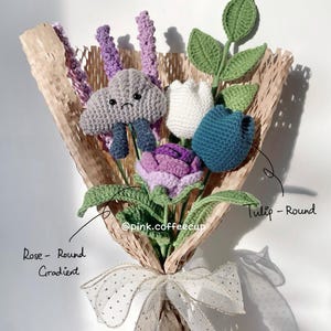 Gehaakte handgemaakte boeketten, bruiloftbloemen, verloving, voorstel, verjaardag, bruid biedermeier, afstuderen, Moederdag, verjaardagscadeau afbeelding 5