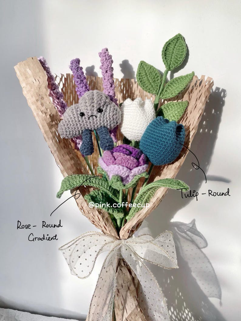 Gehaakte handgemaakte boeketten, bruiloftbloemen, verloving, voorstel, verjaardag, bruid biedermeier, afstuderen, Moederdag, verjaardagscadeau afbeelding 5