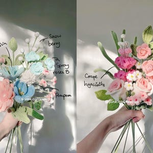 Op de afbeelding: Een boeket van gehaakte bloemen in verschillende kleuren, waaronder roze, blauw, wit en groen. De bloemen zijn gelabeld met hun namen, zoals "Snow berry", "Spray roses B", "Crape hyacinths" en "Carnation".