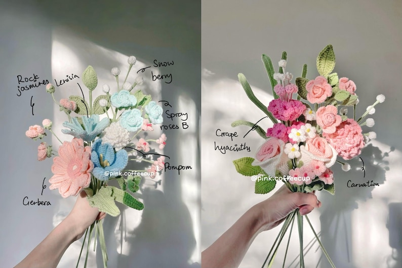 Op de afbeelding: Een boeket van gehaakte bloemen in verschillende kleuren, waaronder roze, blauw, wit en groen. De bloemen zijn gelabeld met hun namen, zoals "Snow berry", "Spray roses B", "Crape hyacinths" en "Carnation".