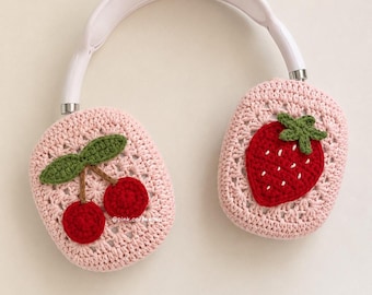 Handgehäkelte AirPods Max APM Hülle, Kirsch- und Erdbeer-Kopfhörerschutz, pinkfarbene Kopfhörerhülle, Geschenk für Musikliebhaber, Weihnachtsgeschenk