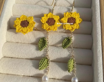 Mikro Häkelarbeit Ohrringe, Sonnenblumen Ring, Ohrschmuck, Floral Schmuck Set, baumeln und Tropfen Ohrringe, Geburtstagsgeschenke