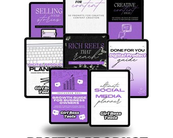 May include: A collection of tablets displaying digital product guides and social media planners. The tablets feature titles like "Playbook for Content," "Rich Reels That Reach," and "Digital Product Starter Kit." The color scheme is primarily purple and white.