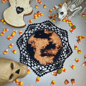 Small Black and Orange Halloween Fabric and Crochet Doily Table Cloth