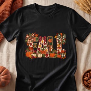 Broderad höst-T-shirt, mysig hösttröja, söt skogspatchwork-hoodie, rustik tacksägelsepresent