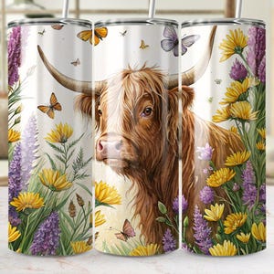 Highland Cow With Flowers And Butterflies, Cute Cow Digital Tumbler Wrap, Floral Cow Artwork TShirt Print, Fun Animal Art