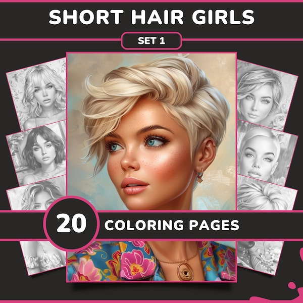 20 Short Hair Girls Coloring Pages for Adults - Set 1 | Pretty Women Short Hairstyle Printable Grayscale Coloring Book, Digital Download