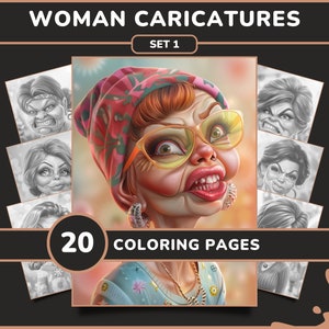 20 Desenhos de Caricaturas de Mulheres para Colorir para Adultos - Conjunto 1 | Livro de Colorir com Retratos Engraçados de Mulheres em Tons de Cinza, Download Digital em PDF para Imprimir