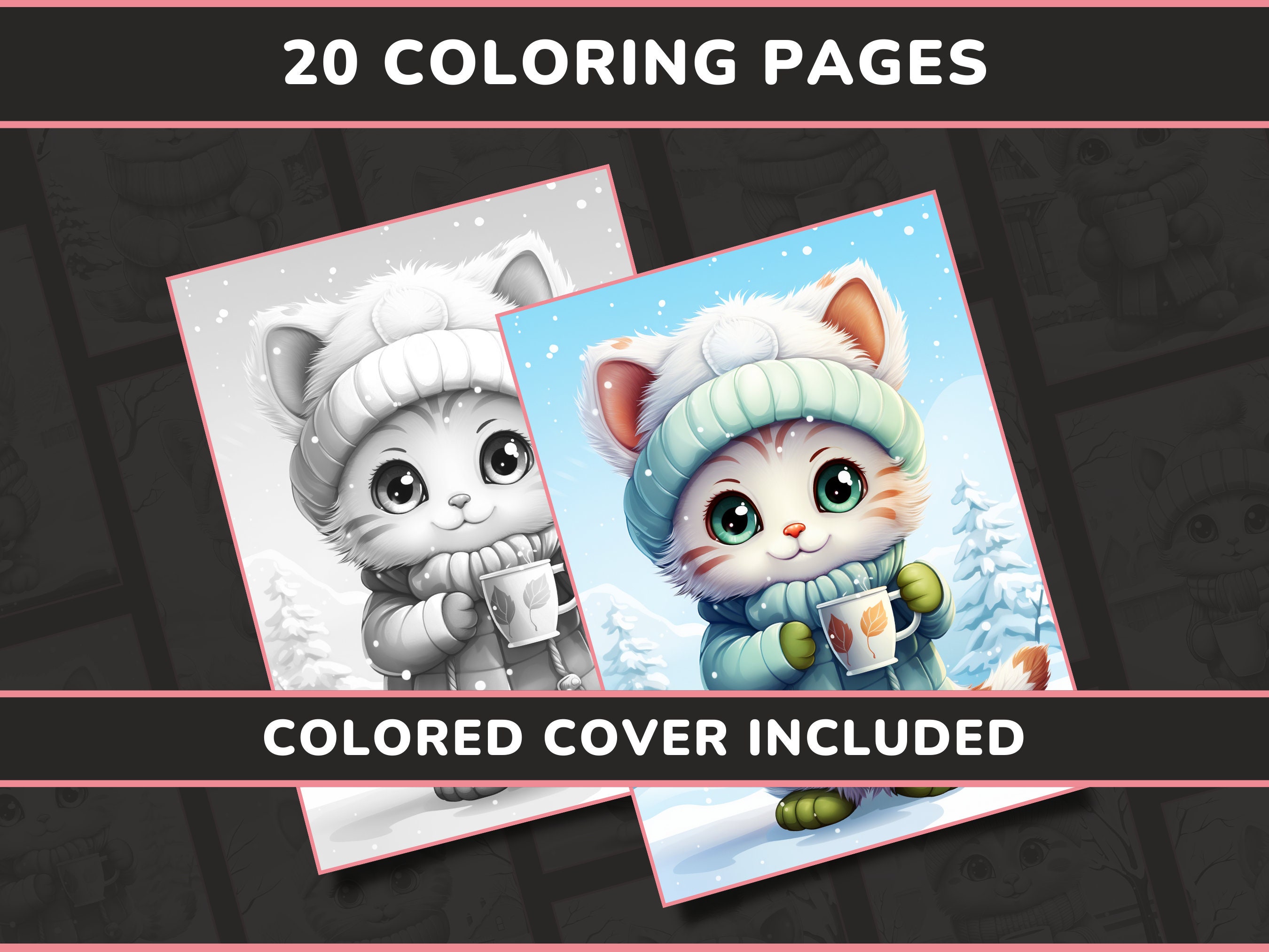 20 Snowy Kitten Sips Coloring Pages for Adults Set 1 Anthropomorphic ...