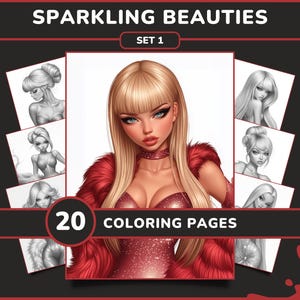 大人のための輝く美女たちの塗り絵20枚 - セット1 | 美しい女性のファッション グレースケール塗り絵、デジタルダウンロード、印刷可能なPDF