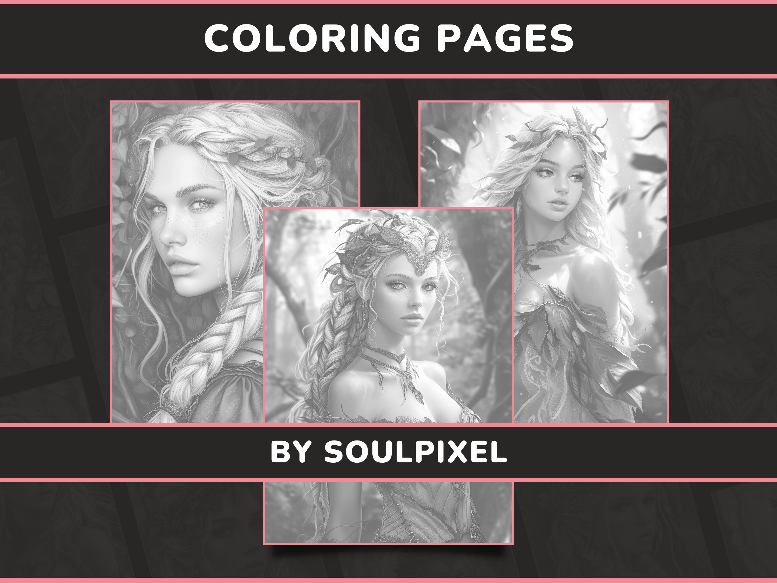 20 Female Druids &amp; Elves Coloring Pages for Adults Set 1 Beautiful ...