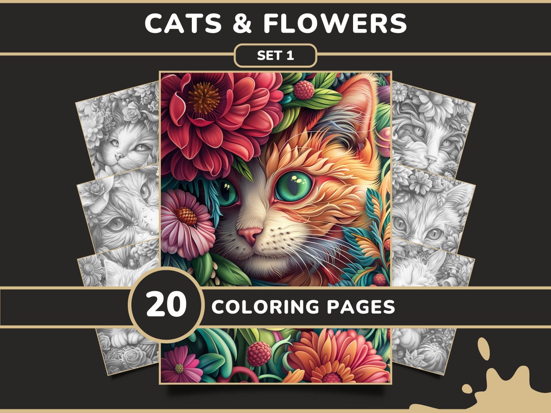20 Cats & Flowers Coloring Pages for Adults - Set 1 | Cute Kitten and ...