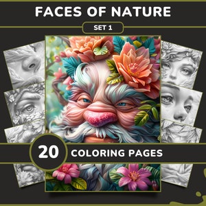 20 Faces da Natureza para Colorir para Adultos - Conjunto 1 | Retratos Surreais, Livro de Colorir com Flores em Tons de Cinza, Download Digital em PDF para Imprimir