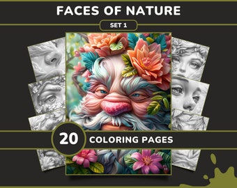 20 Gesichter der Natur Ausmalbilder für Erwachsene - Set 1 | Surreale Porträts, Blumen Graustufen Malbuch, digitaler Download druckbare PDF