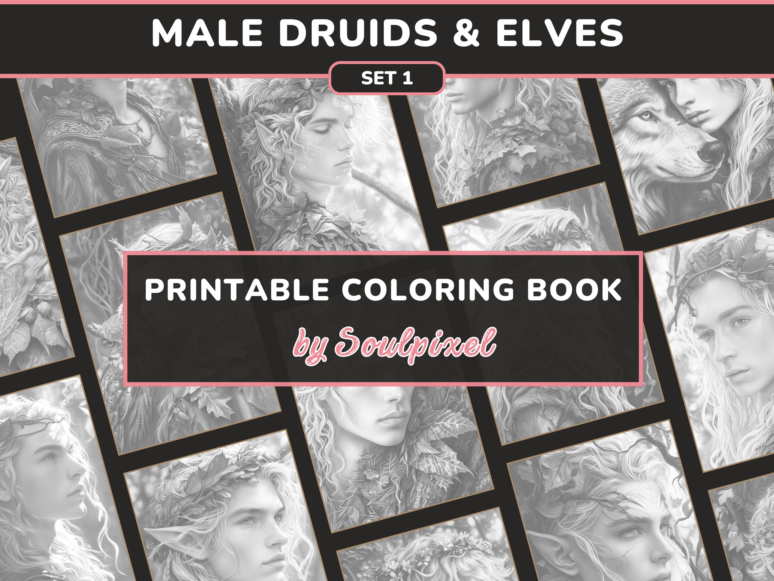 20 Male Druids &amp; Elves Coloring Pages for Adults Set 1 Whimsical ...