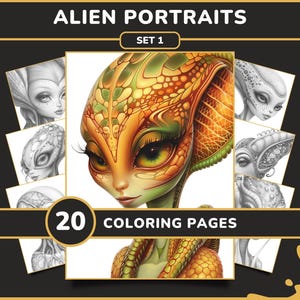 20 Alien Portraits Coloring Pages for Adults - Set 1 | Female Humanoid Fantasy Women Grayscale Coloring Book, Digital Download Printable PDF