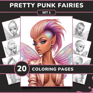 May include: A set of 20 coloring pages featuring punk fairies with colorful hair, wings, and clothing. The cover image shows a fairy with pink and purple hair, a leather jacket, and iridescent wings. The text "PRETTY PUNK FAIRIES SET 1" is at the top of the image.