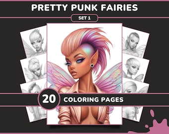 20 Pretty Punk Fairies Coloring Pages for Adults - Set 1 | Beautiful Fantasy Women Grayscale Coloring Book, Digital Download Printable PDF