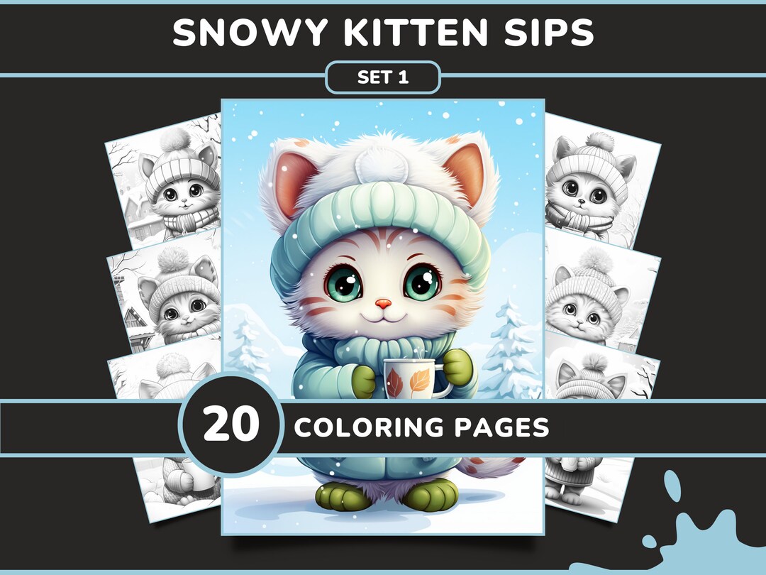20 Snowy Kitten Sips Coloring Pages for Adults Set 1 Anthropomorphic ...