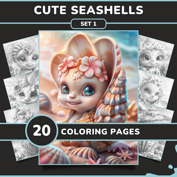 20 Cute Seashells Coloring Pages for Adults - Set 1 | Adorable Ocean Fantasy Printable Grayscale Coloring Book, Digital Download PDF