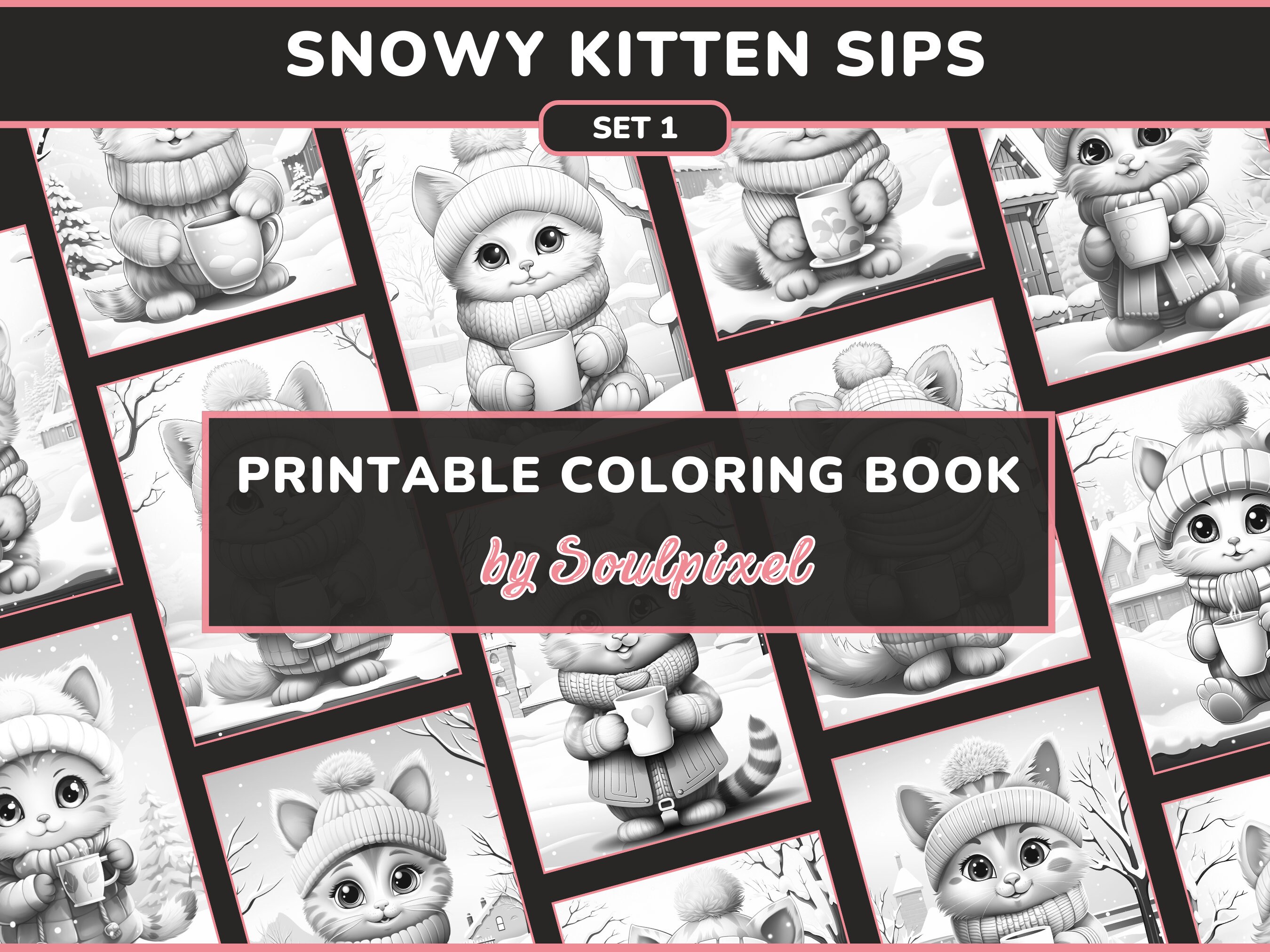 20 Snowy Kitten Sips Coloring Pages for Adults Set 1 Anthropomorphic ...