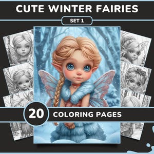 Op de afbeelding: Een set van 20 kleurplaten met schattige winterfeeën met vleugels en blauwe en witte kleding. De titel "Cute Winter Fairies Set 1" staat bovenaan de afbeelding.