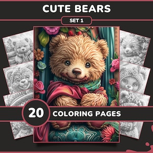 20 Páginas para Colorir de Ursinhos Fofos para Adultos - Conjunto 1 | Livro de Colorir em Tons de Cinza com Ursinhos Adoráveis e Flores, Download Digital em PDF