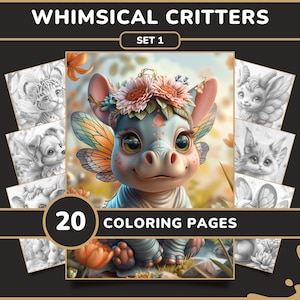 20 páginas para colorir de bichinhos fantásticos para adultos - Conjunto 1 | Livro de colorir fofo de animais fantásticos e fadas em tons de cinza, download digital em PDF para impressão