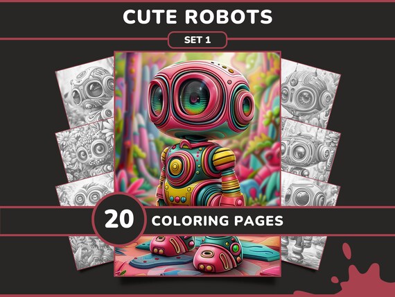 20 Cute Robots Coloring Pages for Adults - Set 1 | Adorable Futuristic Fantasy Robot Grayscale Coloring Book, Digital Download Printable PDF