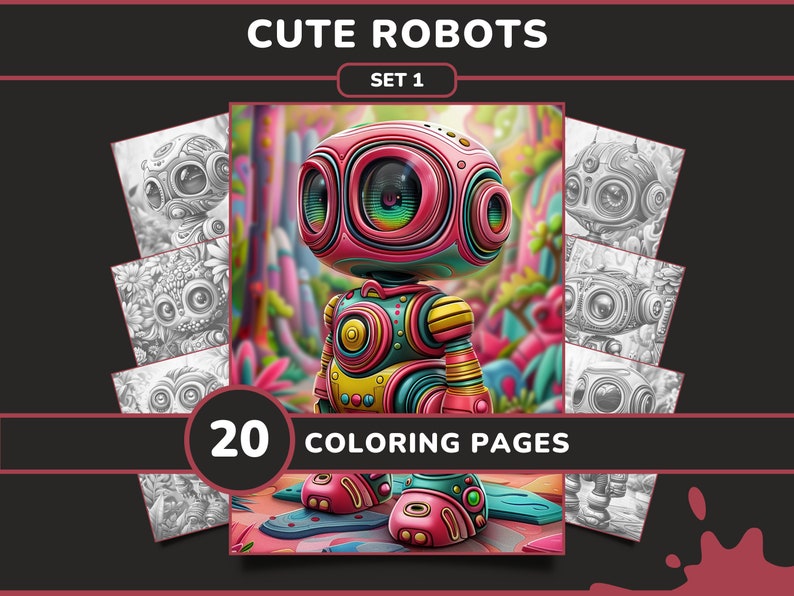 May include: A set of 20 coloring pages featuring cute robots with colorful designs. The cover image shows a pink robot with yellow, green, and blue accents standing in a colorful, whimsical setting.  The text "Cute Robots Set 1" and "20 Coloring Pages" is visible on the cover.