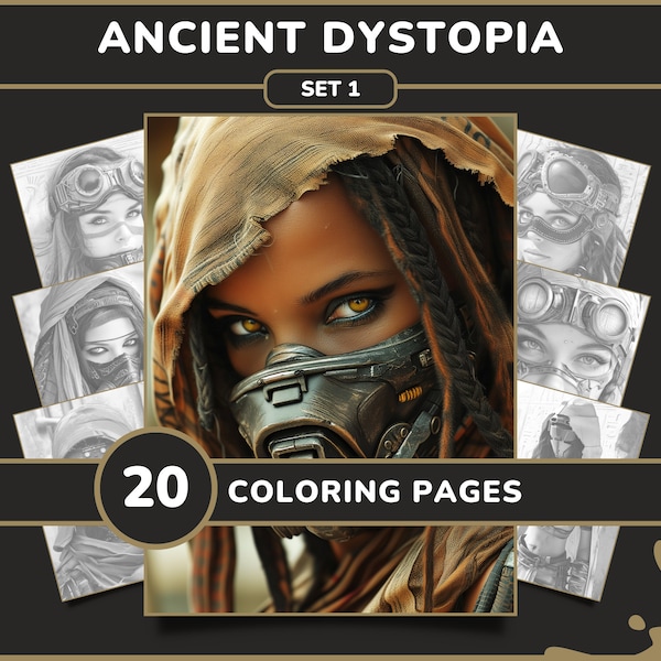 20 Ancient Dystopia Malbuch - Set 1 | Fantasie Cybergoth, Dieselpunk Frauen Graustufen Malbuch PDF für Erwachsene, Instant Digital Download