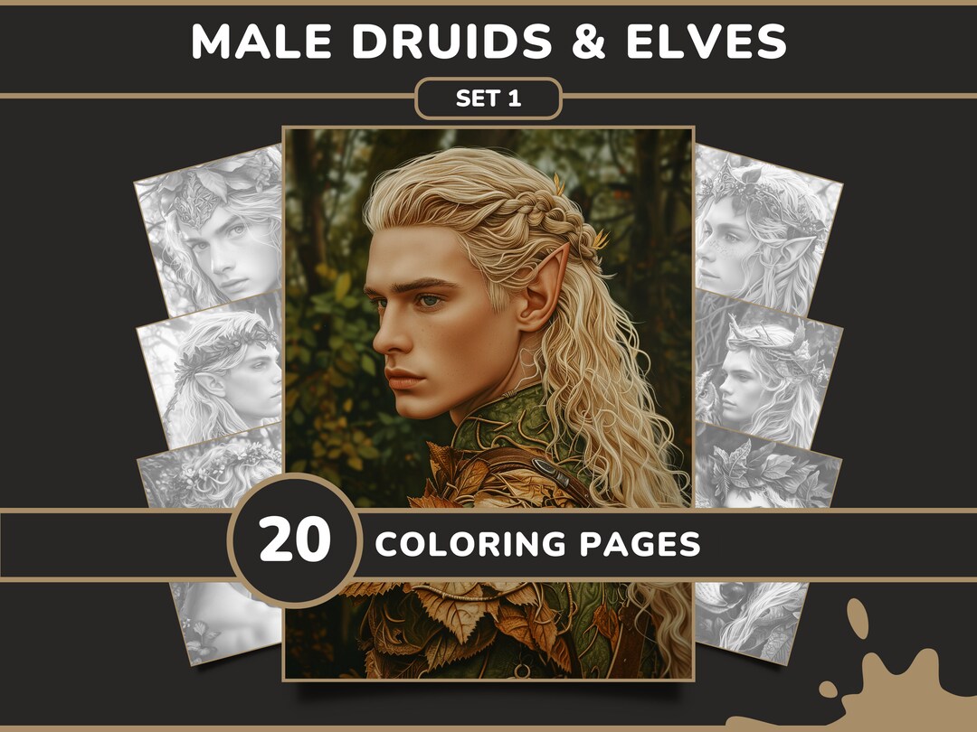 20 Male Druids &amp; Elves Coloring Pages Set 1 Fantasy Men Grayscale ...