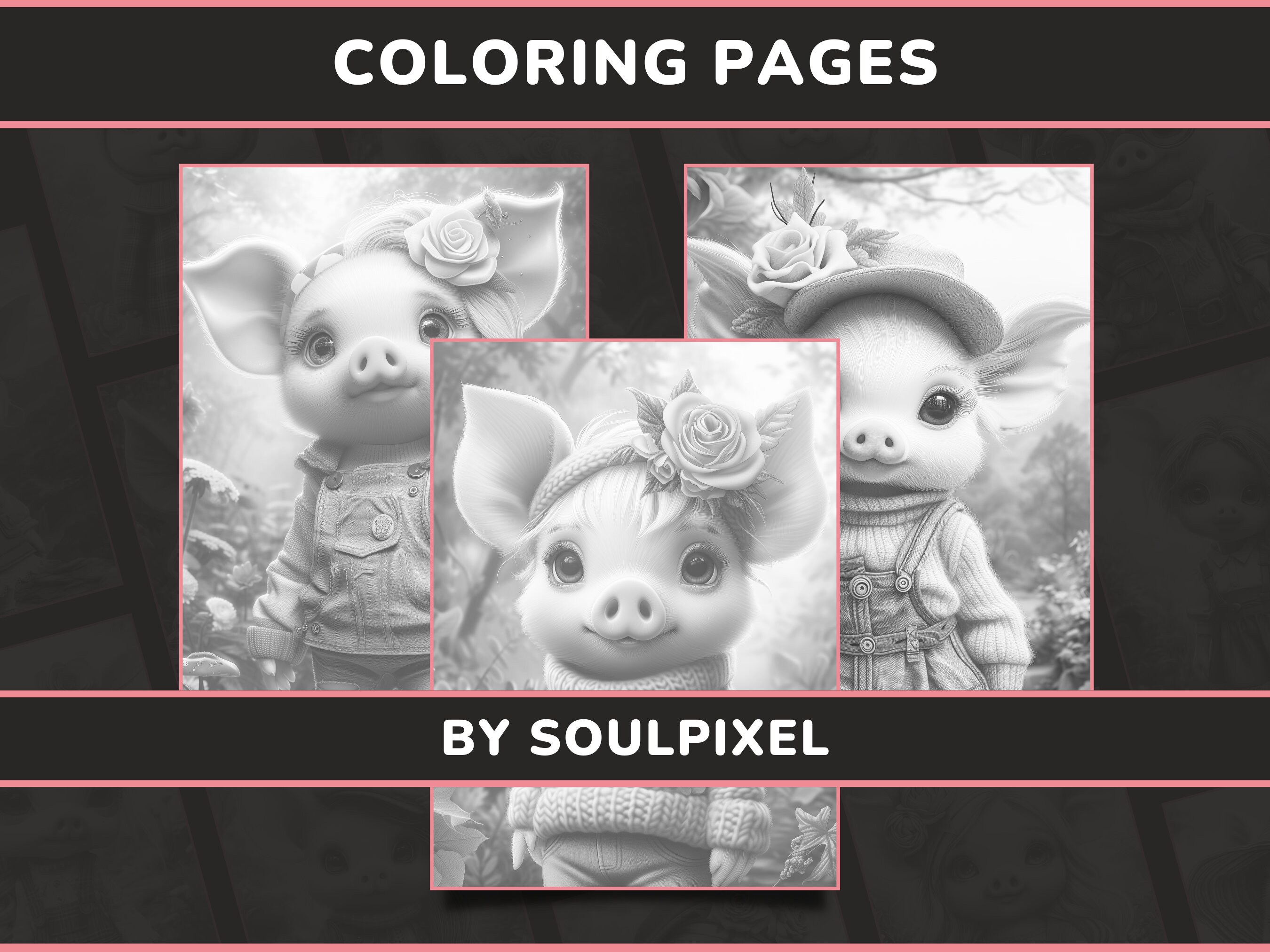 20 Fashionable Piglets Coloring Pages Set 1 Cute Pig Girls Grayscale