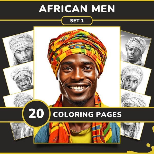 20 African Men Coloring Pages for Adults - Set 1 | Black Males Portrait, Printable Grayscale Coloring Book, Digital Download PDF