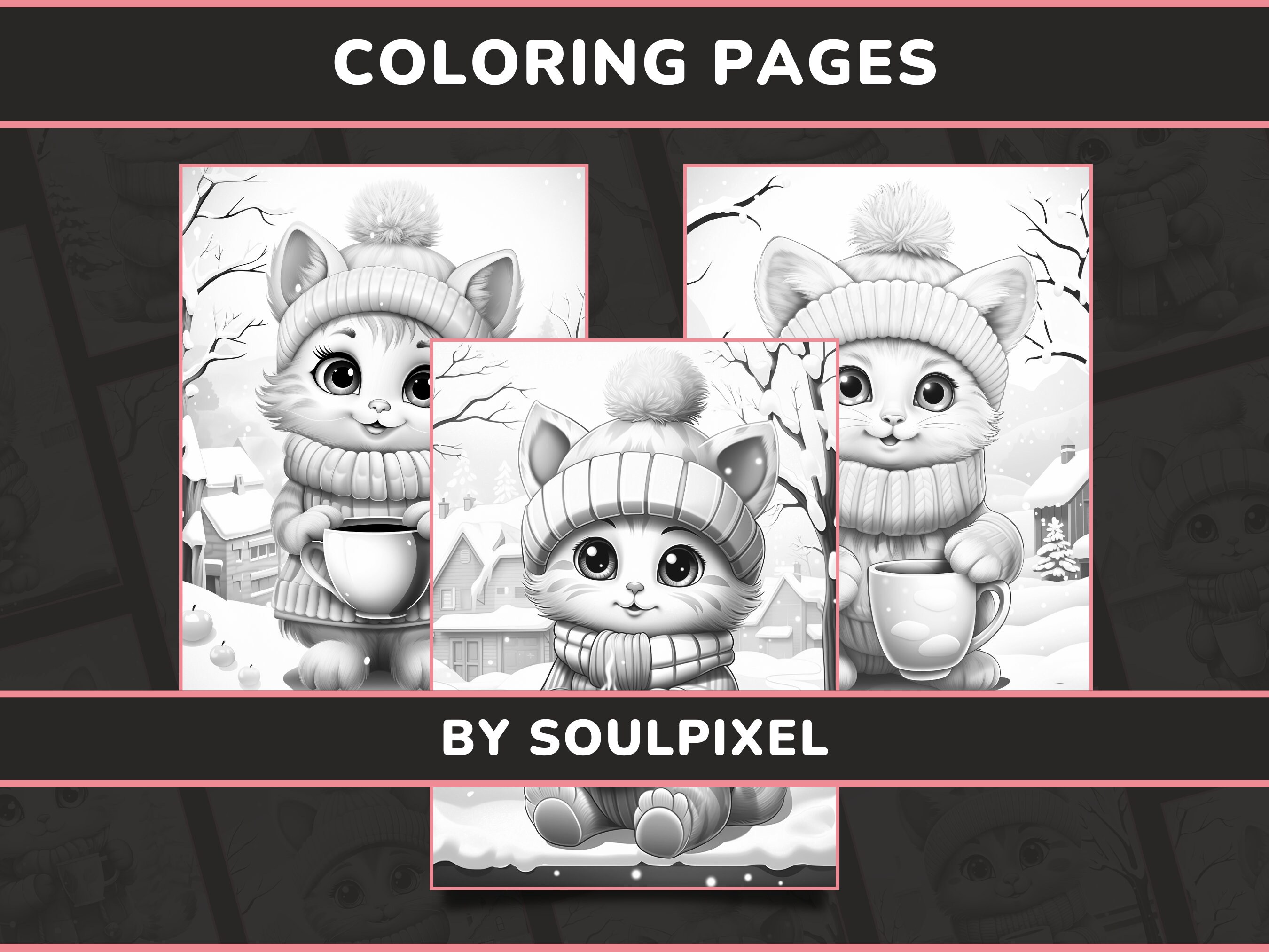 20 Snowy Kitten Sips Coloring Pages for Adults Set 1 Anthropomorphic ...