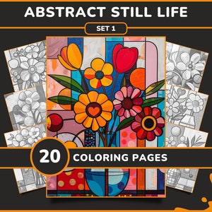 20 Abstract Still Lifes Coloring Pages for Adults - Set 1 | Artistic Flowers Grayscale Coloring Book, Digital Download, Printable PDF