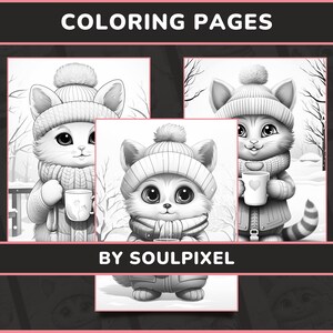 20 Snowy Kitten Sips Coloring Pages for Adults Set 1 Anthropomorphic ...
